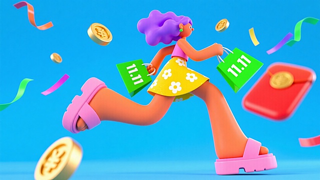 穿着裙子的女生拎着几个购物袋（袋子正面印着清晰的数字”11.11“）奔跑，周围漂浮着金币、购物红包、彩带，干净的蓝色背景