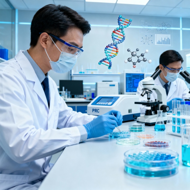 生物医药研究场景，实验室明亮整洁，先进的科研设备如PCR仪、显微镜、培养皿整齐排列，穿着白色实验服的科研人员专注操作，背景有DNA双螺旋结构模型和分子结构图，整体呈现科技感与严谨氛围，画面清晰，细节丰预览效果
