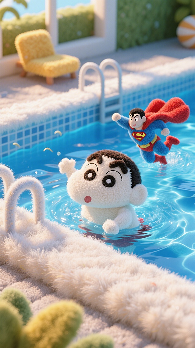 软3D风毛发生长质感，蜡笔小新与超人萌趣泳池戏水，梦幻清新夏日场景，卡通可爱感十足。