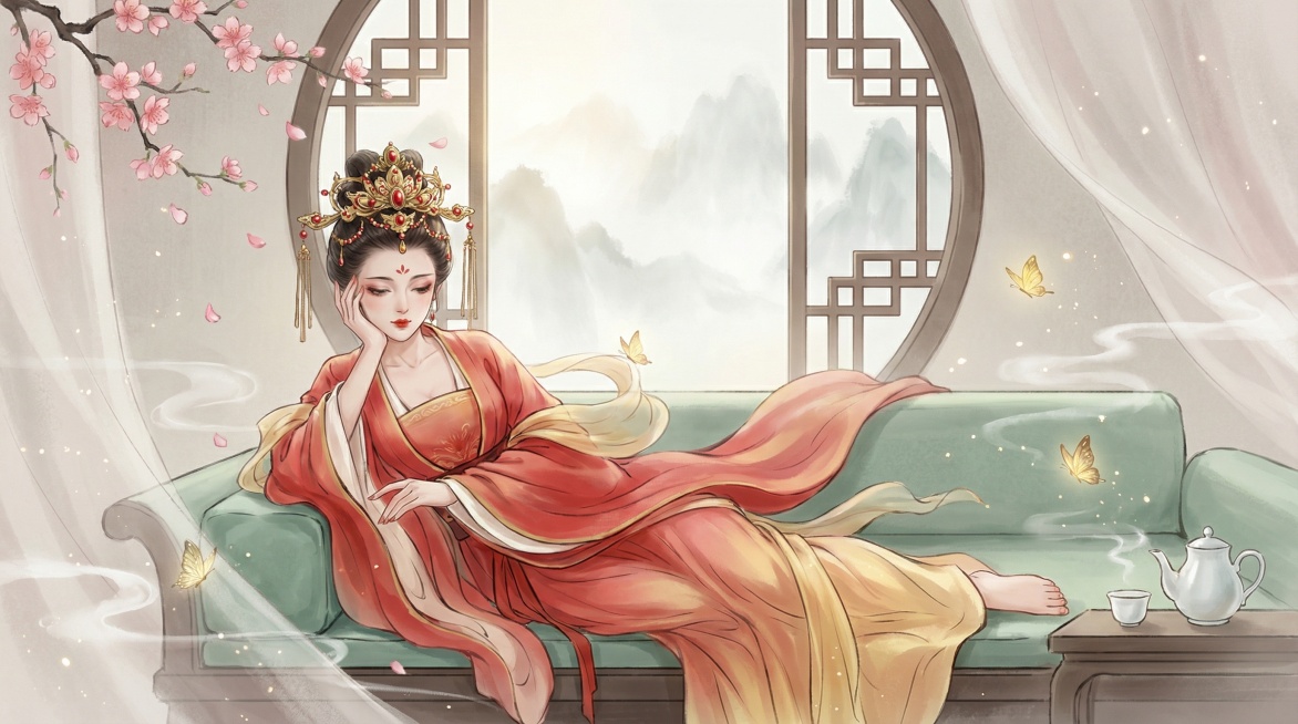 三国的貂蝉，一位身着华丽红金渐变汉服的古代美人，头戴镶嵌红宝石与金饰的精致发冠，发间垂落着流苏步摇，妆容温婉，眉眼低垂，红唇微抿，姿态慵懒地斜倚在青绿色的软榻上，一手轻托脸颊，一手自然垂落于腿侧，衣袂预览效果