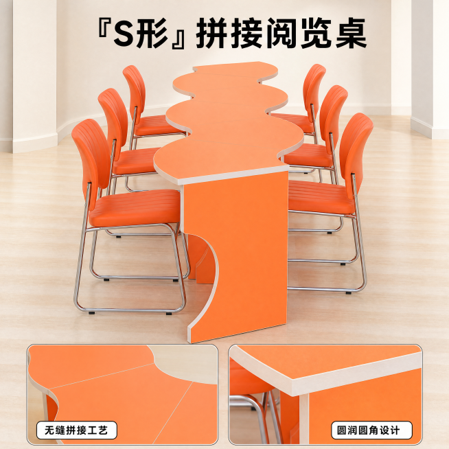 [主图-2] 波浪形阅览桌功能设计展示图
[氛围风格] 现代简约专业电商展示风格
[画质] 商业摄影质感、光线柔和通透、产品清晰真实、画面干净高级。
[元素] 橙色波浪拼接长条阅览桌居中展示，保持产品预览效果
