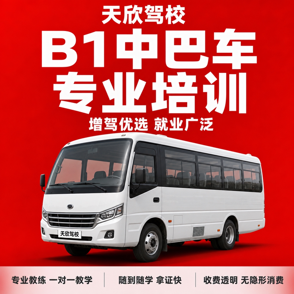 基于参考图的驾校红底白字风格，生成天欣驾校B1中型客车驾照培训… - 图片创意预览