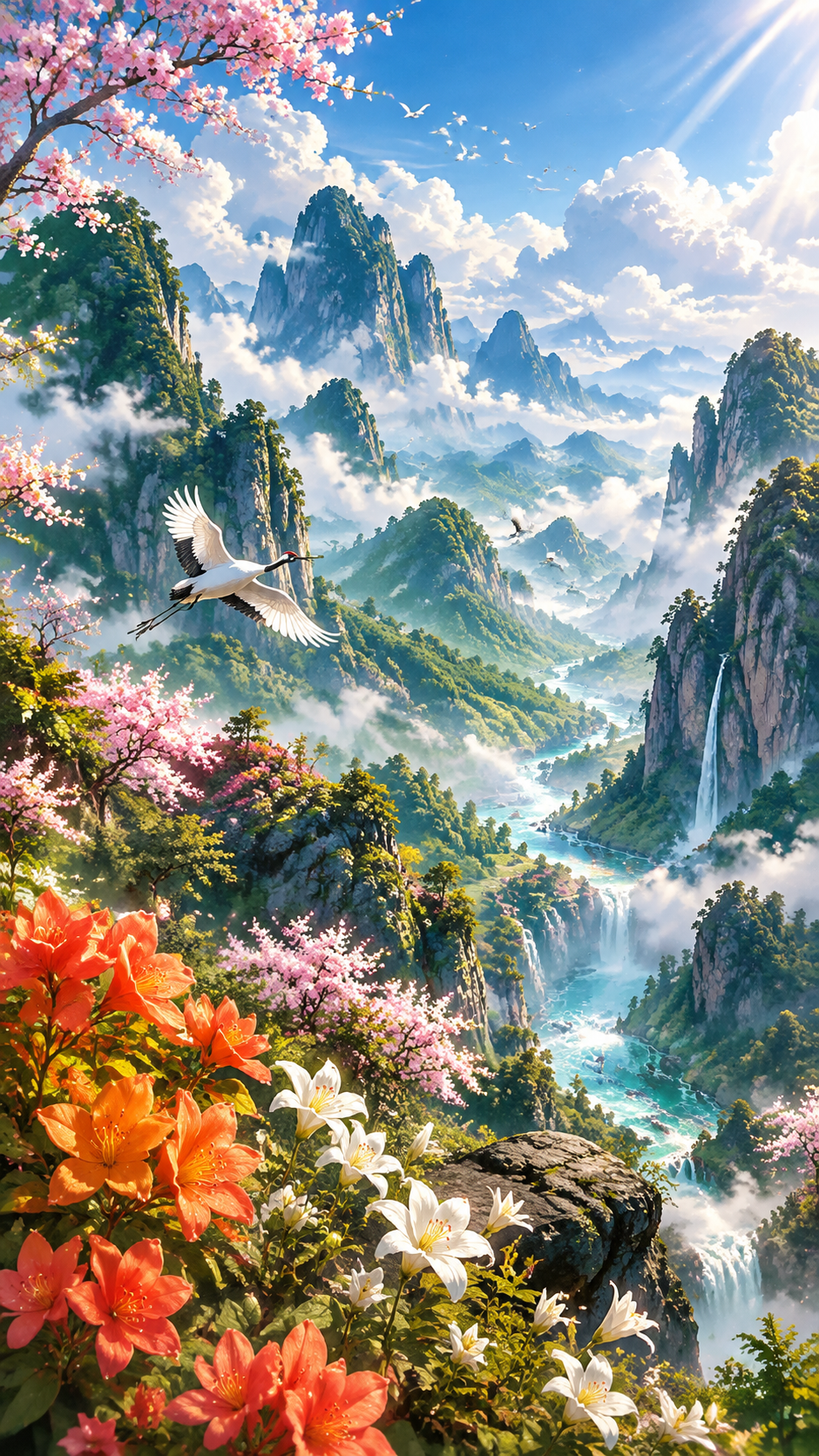 手机竖屏壁纸，令人惊叹的奇幻山水风景，国风动漫风格，新海诚美学… - 图片创意预览