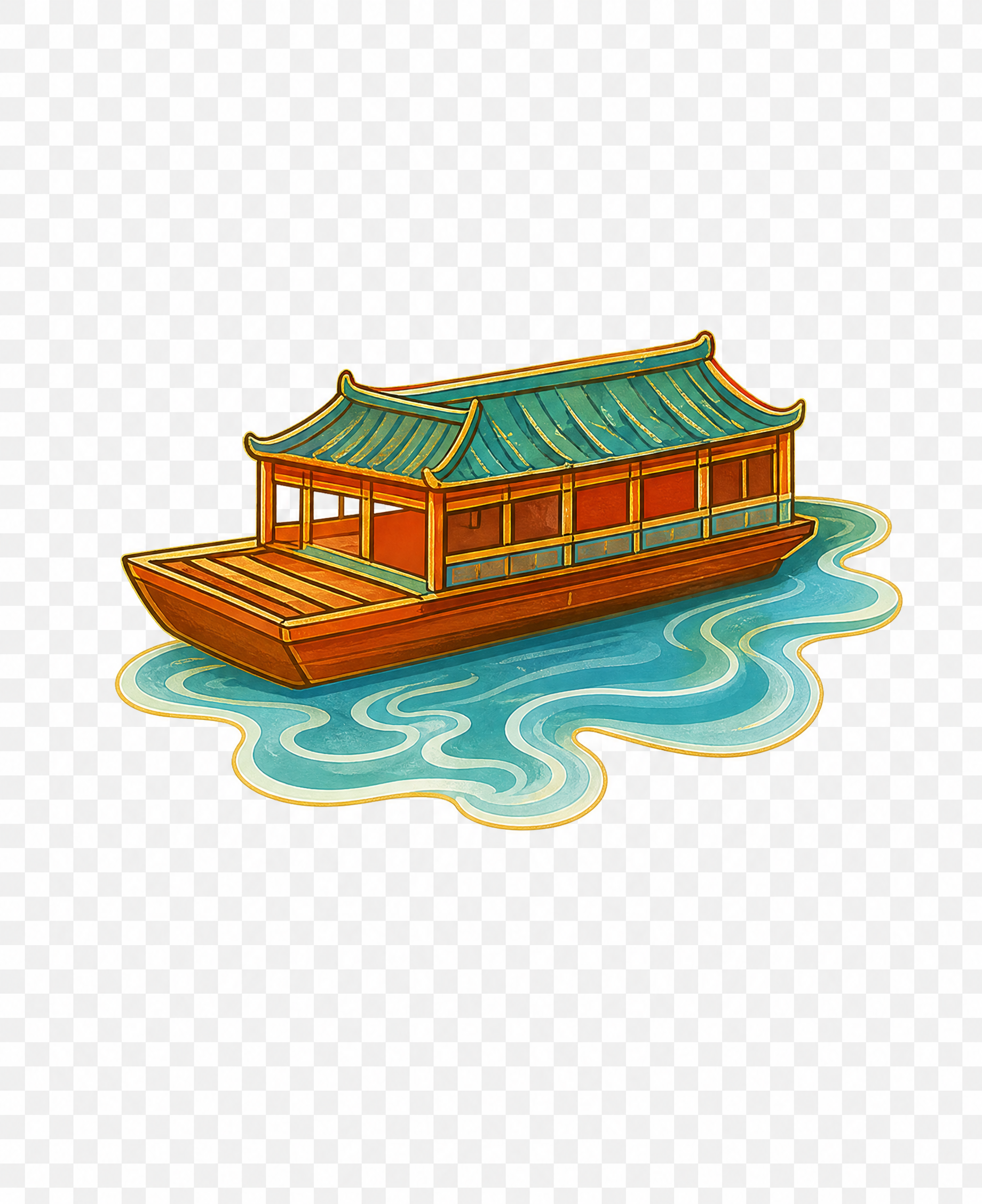 从参考图中提取右下角的中式画舫小船，水上的古船，绿瓦红身，国潮… - 图片创意预览