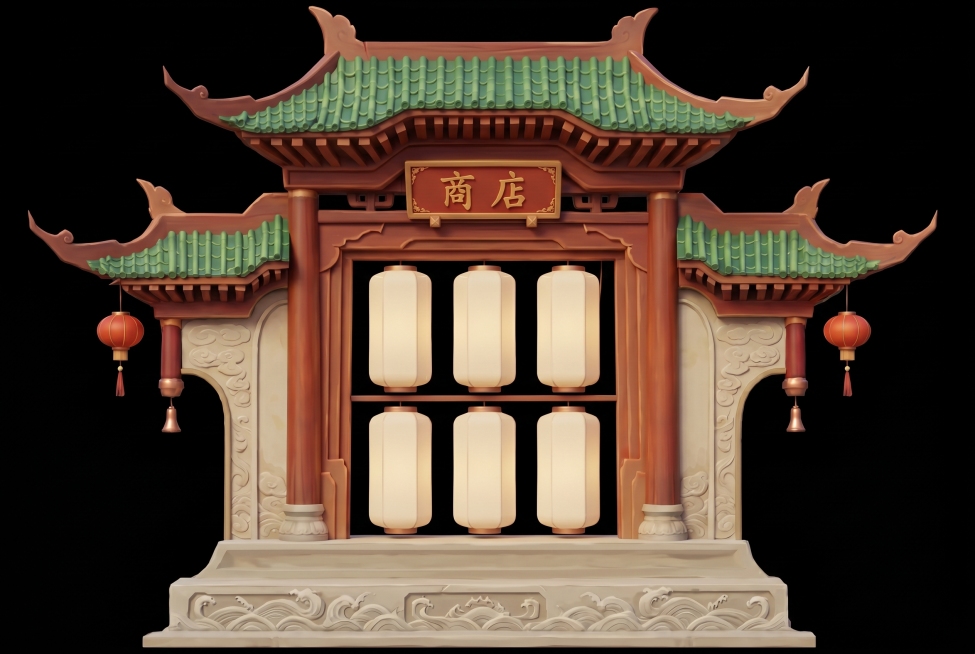 参考图一的商店门楼结构，参考图二的卡通3d渲染风格和绿瓦红墙配色方案，重新生成图片：保留图一的重檐翘角门楼结构、六盏米白色长灯笼布局、两侧红色灯笼配铜铃流苏、海浪纹石基座和"商店"牌匾，将整体颜色调整预览效果