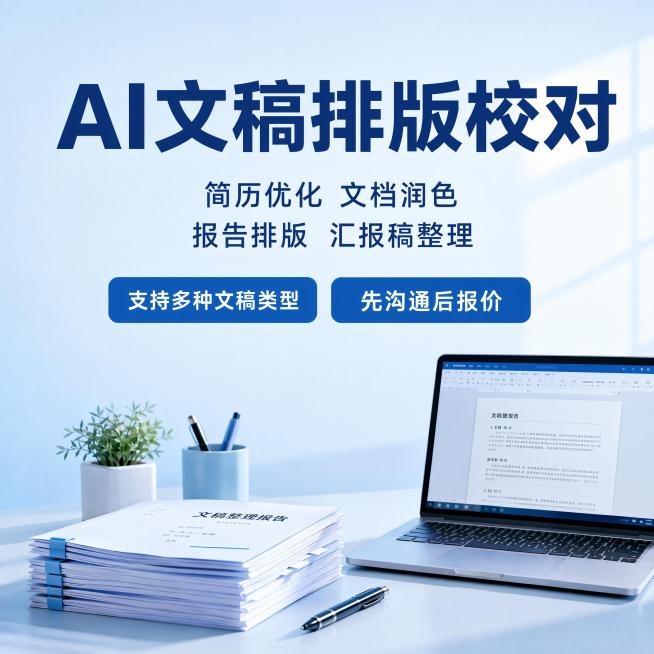 重新生成这张海报，保持现有办公场景和蓝色简约专业风格，删除"支持免费修改"按钮文字，保留其他所有内容：主标题"AI文稿排版校对"，副标题"简历优化 文档润色 报告排版 汇报稿整理"，保留"支持多种文稿预览效果
