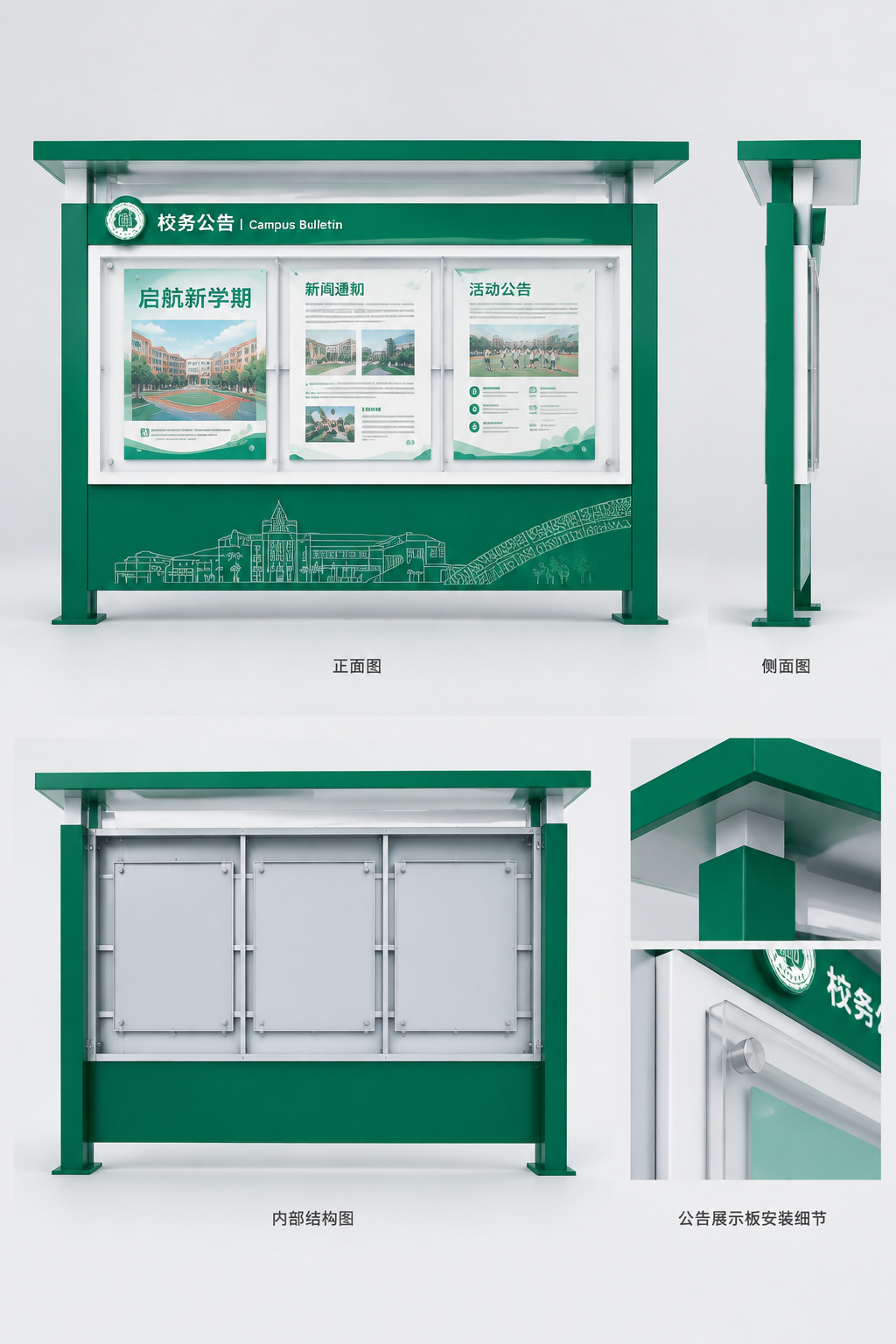 [主图-5] 公告栏单体三视图展示，正面、侧面、内部结构多角度… - 图片创意预览