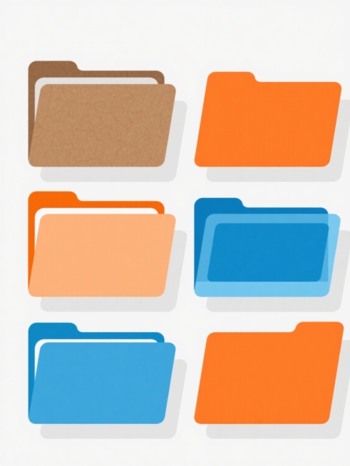 极简扁平风格设计的文件夹海报，白色背景，六个不同样式和材质的文件夹整齐排列，采用简洁配色方案，以橙色牛皮纸文件夹和蓝色塑料文件夹为主要视觉元素，线条流畅，色彩明快，无阴影或渐变效果，整体设计简洁大方，信息传达直接高效，符合现代简约审美，视觉层级清晰，突出文件夹主体，无任何多余装饰元素，呈现出干净利落的设计感。预览效果