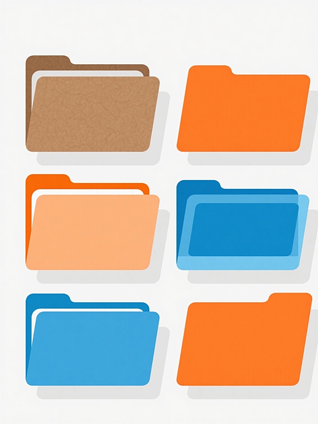 极简扁平风格设计的文件夹海报，白色背景，六个不同样式和材质的文件夹整齐排列，采用简洁配色方案，以橙色牛皮纸文件夹和蓝色塑料文件夹为主要视觉元素，线条流畅，色彩明快，无阴影或渐变效果，整体设计简洁大方，信息传达直接高效，符合现代简约审美，视觉层级清晰，突出文件夹主体，无任何多余装饰元素，呈现出干净利落的设计感。