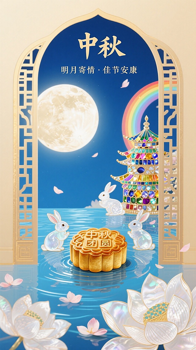 主体内容：带有“中秋团圆”字样的精致月饼，几只透明质感的白兔；场景设定：在中式拱门内，背景是蓝天、圆月，下方有水面，周围点缀着白色莲花；色彩色调：整体以浅蓝色和暖金色为主，月饼呈暖金色，白兔、莲花为透明或白色，拱门、水面等带有浅蓝色调；光影光线：柔和的光线从画面上方洒下，给月饼、白兔等带来明亮的高光，营造出清新且温馨的光影效果；构图视角：正面视角，将拱门、月饼、白兔、莲花、圆月和水面等元素纳入画面，呈现出平衡和谐的构图；附加细节：画面有“中秋”书法字体，“明月寄情·佳节安康”文字，莲花带有细腻的纹理，水面有波光和花瓣飘落，拱门带有中式雕花，增添画面的精致感与节日氛围。