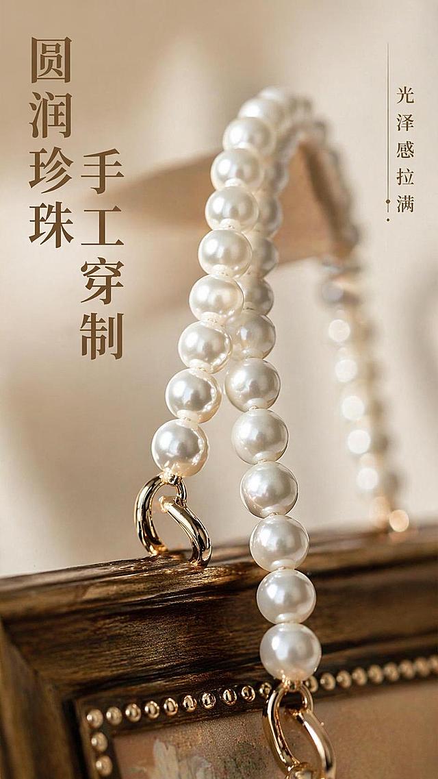 [第3屏] 珍珠挂绳细节微距展示，珍珠流苏挂画工艺细节。本屏使用【图1】作为商品主体
[氛围/风格] 质感特写，清晰肌理，高级珠宝光泽感
[元素布局] 特写珍珠挂绳与金色挂扣部分，放大展示珍珠圆润质感和金属扣光泽，保留珍珠排列整齐的结构和商品原有颜色，背景虚化处理突出细节，细节占画面70%
[光影质感] 侧光打亮珍珠，凸显珍珠莹润光泽，明暗层次自然
[配色色系] 全局底色 #f0ede8，主色珍珠米白，辅助色金色金属扣，背景浅棕虚化
[视角构图] 微距特写，聚焦挂绳位置，主体清晰背景虚化
[文字版式] 左侧主标题「圆润珍珠 手工穿制」，右侧竖排副标题「光泽感拉满」，文字不遮挡核心细节
[比例分辨率] 9:16竖版比例，4K分辨率，文字清晰可辨，高清画质
[负向提示词] 珍珠排列变形，珍珠大小不均，结构错误，颜色偏差，文字错乱，文字过小，水印