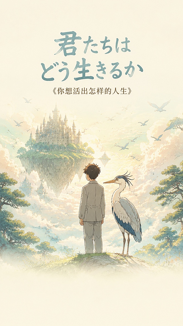 吉卜力宫崎骏动画院线宣传海报，9:16竖版，电影《你想活出怎样的人生》，画面中心是少年真人与苍鹭并肩站立，背景是悬浮云海、空中巨型古堡、漫天飞鸟，林间薄雾柔光，日式水彩手绘质感，胶片颗粒，淡青橘暖温柔配色；海报顶部居中放置大号艺术日文片名「君たちはどう生きるか」，字体柔和手绘风；片名下方搭配一行稍小中文主标题：《你想活出怎样的人生》；画面底部预留大片干净留白，可放置上映信息、出品小字；标准电影海报分层构图，上下大面积留白用于文字排版，空灵治愈氛围感，8K超清印刷级画质，画面干净无多余遮挡物，人物线条细腻柔和，版式精美