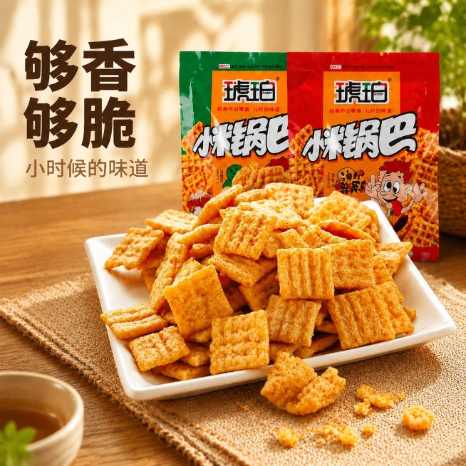 [主图-1] 琥珀小米锅巴首图，突出食欲感与怀旧氛围。[氛围风格] 温馨居家餐桌场景，复古怀旧零食风。[画质] 商业摄影质感、光线柔和通透、产品清晰真实、画面干净高级。[元素] 白色方盘里堆满满的琥珀预览效果