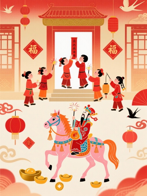 主体是穿红衣的孩童们（有的踮脚贴春联、有的手提宫灯、有的点燃小烟花），画面下方是财神骑粉橙色骏马（装饰红蓝如意纹、橙金流苏），骏马前蹄踏元宝，嘴衔福袋，神态娇憨；周围环绕贴福字的门窗、红灯笼、金元宝、预览效果