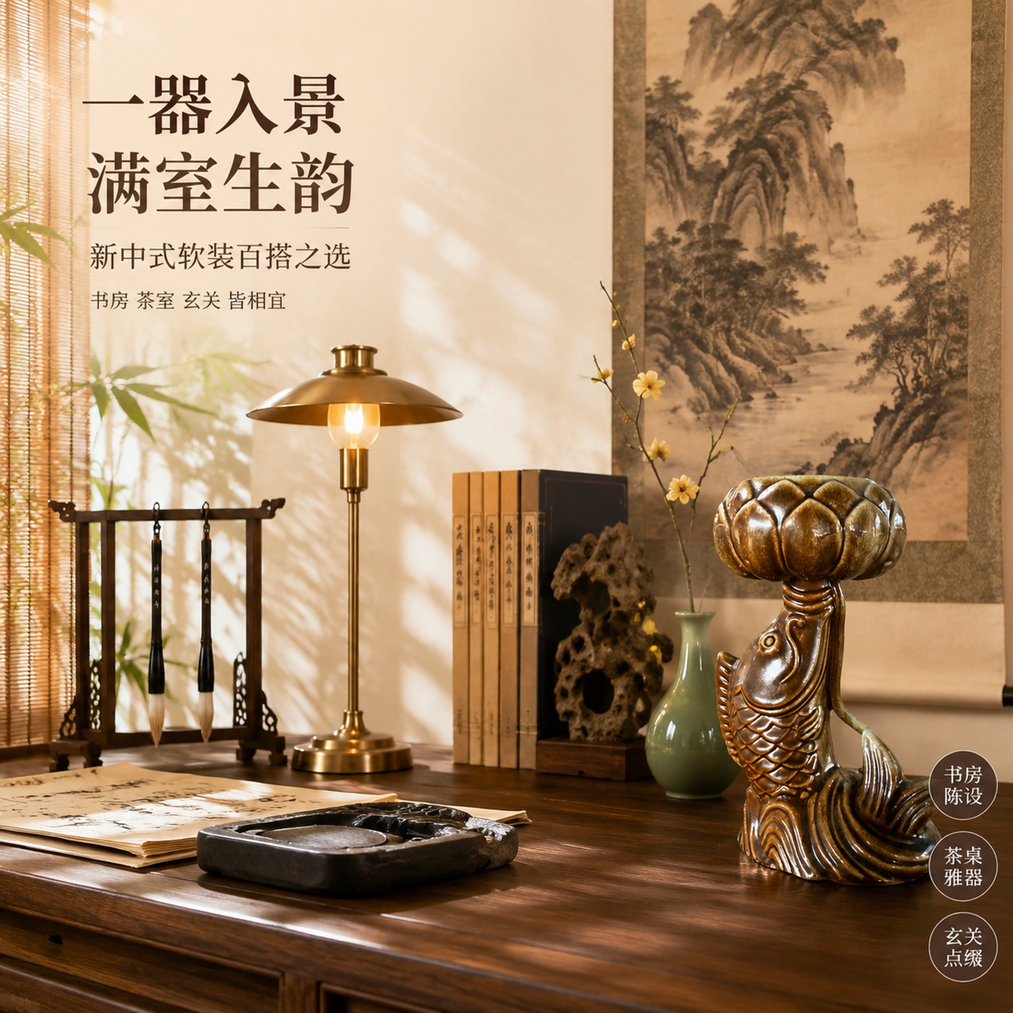 [主图-3] 中式窑变釉鱼跃莲花陶瓷烛台摆件风格搭配陈列图。… - 图片创意预览
