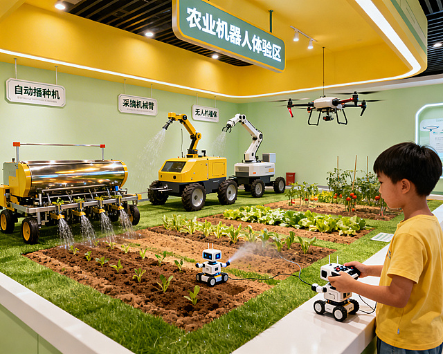 农业机器人体验区，展示自动播种机、采摘机械臂、无人机植保，儿童遥控小型机器人完成播种浇水采摘模拟任务