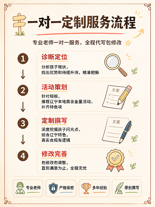 [第4张] 详情页服务流程——一对一定制全流程四步走。本张使用【图1】作为风格参考，提取米黄纸张、手绘插画风格、四角花纹边框。
[氛围/风格] 温暖手绘插画风，米黄纸张质感，清晰有条理，像老师画的流程图解。
[元素布局] 四角复古花纹边框；顶部大标题配路牌/箭头手绘装饰；中部四步流程纵向时间轴排列，每步左侧圆形序号，右侧步骤标题+详细说明，步骤之间有向下箭头连接；右侧穿插手绘小插画（放大镜、铅笔、文档、奖章）；底部服务特色标签条。背景浅米黄纸张纹理。
[光影质感] 柔和均匀光照，纸张自然纹理，整体清晰明亮。
[配色色系] 全局底色 #F5E6C8 米黄纸张色；主色深棕 #6B4423；辅助色红色 #C0392B、蓝色 #2C5F8D、金色 #B8860B、绿色 #5D8A3E。
[视角构图] 竖版纵向时间轴构图，阅读动线从上到下按步骤推进。
[文字版式] 顶部主标题「一对一定制服务流程」深棕色粗体大字，配手绘路牌和箭头装饰，下方红色下划线；副标题「专业老师一对一服务，全程代写包修改」；四步流程：第1步「诊断定位」配放大镜手绘图标，说明「分析孩子现状，找出优势和待提升项，精准把脉」；第2步「活动策划」配铅笔方案手绘图标，说明「针对短板，推荐辽宁本地高含金量活动，补齐特色项」；第3步「定制撰写」配钢笔文档手绘图标，说明「深度挖掘孩子闪光点，结合辽宁特色，真实合规有逻辑」；第4步「修改完善」配对勾奖章手绘图标，说明「包修改包调整，直到满意为止，全程无忧」；每步左侧棕色圆形白色数字序号，步骤之间有棕色手绘向下箭头。底部四个圆角标签横向排列：「专业老师」「严格保密」「多年经验」「原创撰写」，各配小图标。文字清晰有手写感，移动端可读。
[比例分辨率] 3:4 竖版比例，4K 分辨率，文字清晰可辨，高清画质。
[负向提示词] 变形，水印，文字错乱，文字过小，颜色偏差，模板字样，二维码，绝对化用语。