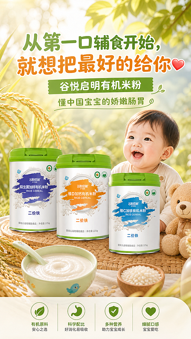 活力母婴风格营销图，9比16尺寸，展示三桶谷悦启明有机米粉，配文案：从第一口辅食开始，就想把最好的给你❤️谷悦启明有机米粉，懂中国宝宝的娇嫩肠胃，背景清新自然暖色调，适合婴幼儿辅食推广，整体风格活泼有亲和力