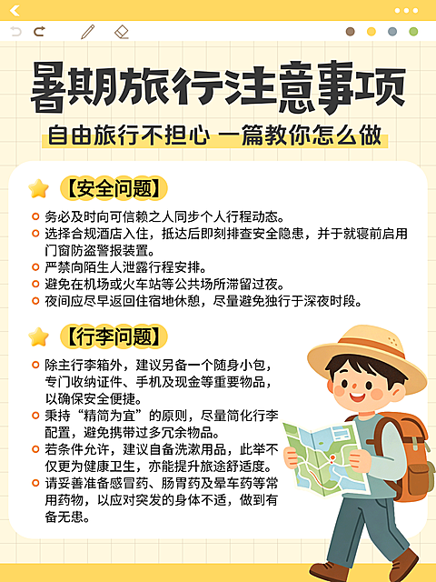 扁平卡通插画暑假假期旅游注意事项知识分享小红书配图