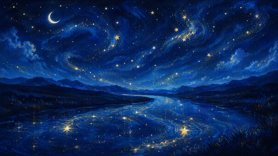 参考参考图的油画风格，重新生成星光流动在夜空，星空倒映在河流中的治愈夜景，深蓝色调搭配金色星星，保留一轮弯月和起伏远山预览效果