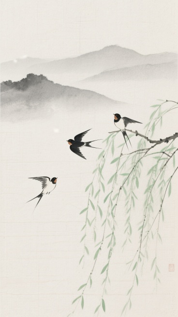新中式背景，米白色亚麻纹理宣纸质感，淡雅水墨风格，远山以浅灰墨色晕染，层叠起伏，近景柳条嫩绿，枝条轻盈下垂，三只燕子灵动飞翔，一只停驻柳枝，两只低空掠过，水墨笔触细腻，线条流畅，留白充足，整体营造宁静悠远、雅致清幽的东方意境，色调柔和统一，充满禅意与自然生机。预览效果