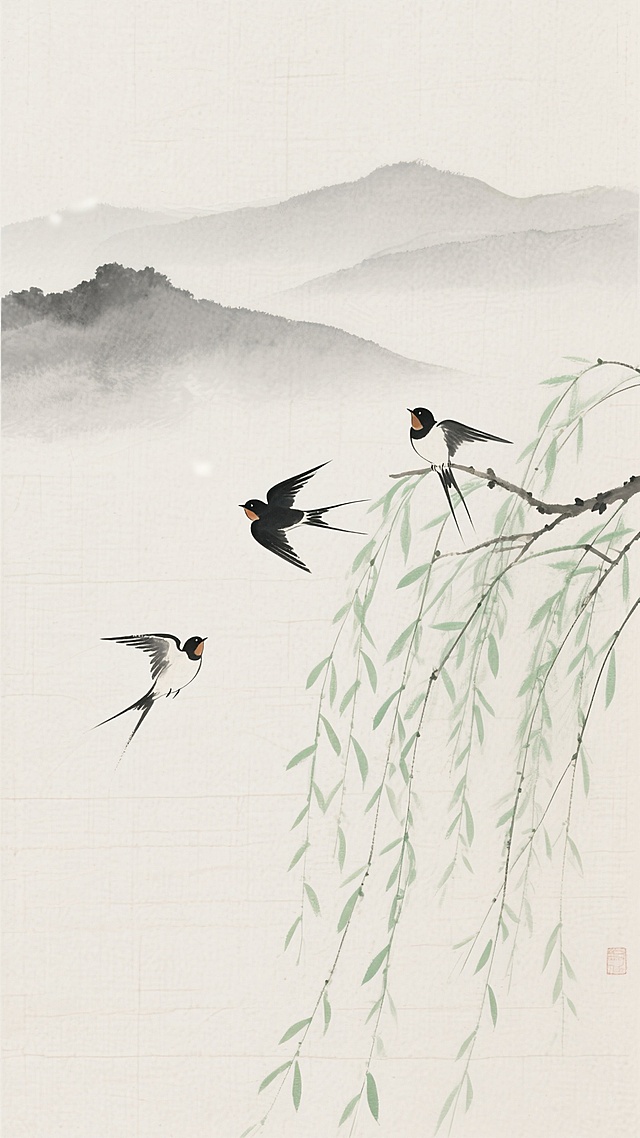 新中式背景，米白色亚麻纹理宣纸质感，淡雅水墨风格，远山以浅灰墨色晕染，层叠起伏，近景柳条嫩绿，枝条轻盈下垂，三只燕子灵动飞翔，一只停驻柳枝，两只低空掠过，水墨笔触细腻，线条流畅，留白充足，整体营造宁静悠远、雅致清幽的东方意境，色调柔和统一，充满禅意与自然生机。