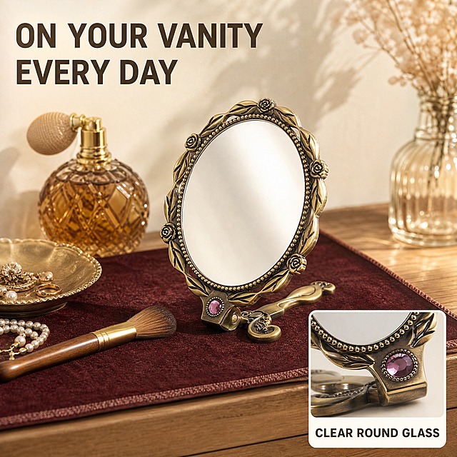 [主图-4] 商品名称「Vintage Bronze Handheld Makeup Mirror — Ornate Crystal Accented Round Vanity Mirror with Folding Handle for Daily Beauty and Gifting」。本张唯一任务：真实使用空间——在梳妆台上以折叠自立状态使用的日常场景。
[统一基调] 复古华丽的个护礼品信息图视觉：纯净白到柔光象牙米白背景（#FFFFFF→#F7F1E8），古铜金色产品配深棕标题（#4A3722）、暖灰褐辅助文字（#7A6A58）与古铜金强调（#B08B52）；单一几何无衬线粗体，仅以字号层级区分主副；卡片统一 16px 圆角暖白卡（#FFFDFA）+ 1px 浅金描边，图标统一 2px 线性描边；左上柔光、右侧暖金反光。
[画面] 全幅真实梳妆台场景：浅木色梳妆台面铺一块深酒红丝绒垫，古铜色手持化妆镜以手柄折到镜后的自立姿势斜立在绒垫上，圆形雕花镜框完整可见；旁边摆着琥珀色香水瓶、一支带木柄的化妆刷、一只小首饰盘与一串珍珠项链；背景是柔焦的暖白墙面与一束柔和侧光；镜面只映出柔和均匀的光斑，不出现人物、手部或房间清晰倒影；右下角放一个 16px 圆角暖白卡小窗作为证据组件，内为镜面与镜框衔接处的微距特写，窗内带英文标签。
[光影质感] 真实室内暖光与影棚柔光融合，铜质产品在场景中有真实高光与台面接触阴影，产品与场景透视一致，不悬浮、不硬切。
[配色] 沿用统一基调；环境以暖白、浅木与深酒红丝绒为环境色，不出现高饱和干扰色块。
[文字版式] 主标题置左上，深棕粗体大字 "ON YOUR VANITY EVERY DAY"；右下小窗标签为深棕小号粗体 "CLEAR ROUND GLASS"；全图仅英文文案，禁止中文、错字。
[输出要求] 1:1 正方形；负向：任何中文、尺寸数字、放大倍数、人物、人脸、手部、手指、水印、平台 Logo、品牌标志、镜面中出现人脸或文字倒影、变形、模糊、杂乱。