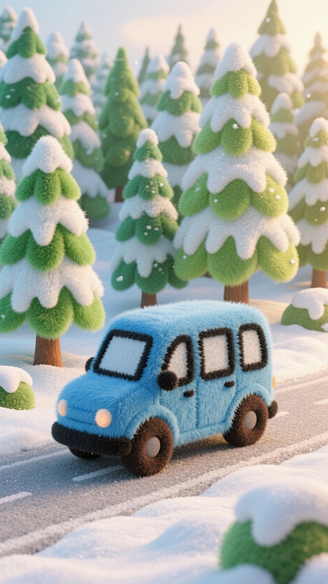 毛绒质感的蓝色小车穿行于雪覆松林，软3D风格融合粘土风与毛发生长效果，营造出梦幻温馨的冬日童话场景。