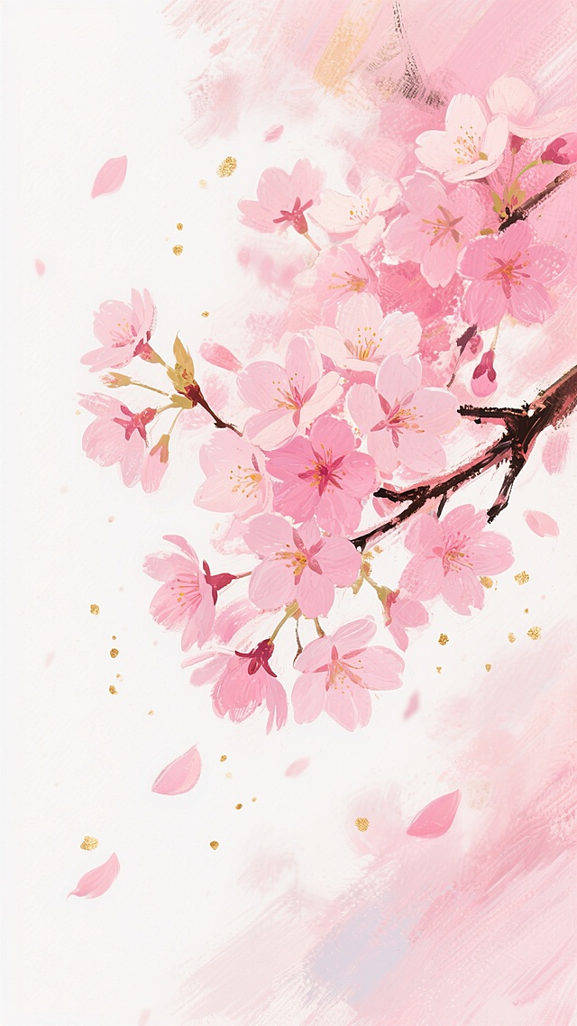 一幅具有浓厚印象派风格的樱花插画，画面左侧是大量盛开的粉色樱花，花瓣呈现出从浅粉到深粉的丰富色彩变化和模糊灵动的笔触效果，樱花树枝用粗犷奔放的线条勾勒，背景为纯净的白色，点缀着飘落的粉色花瓣和金色的小点，整体营造出一种浪漫而朦胧的氛围，色彩以粉色为主，带有柔和的光影效果，笔触灵动奔放，展现出花朵盛开时的动态美感。