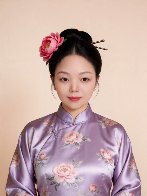 参考图中保留人物脸型、五官特征生成古典优雅女性肖像照，人物盘着头发，头发上面左边戴一朵粉红色牡丹花，右边加一个发簪，身穿淡紫色锦罗缎长旗袍，上面带有牡丹花纹，整体画面风格柔和，展现古典优雅美感，气质温预览效果