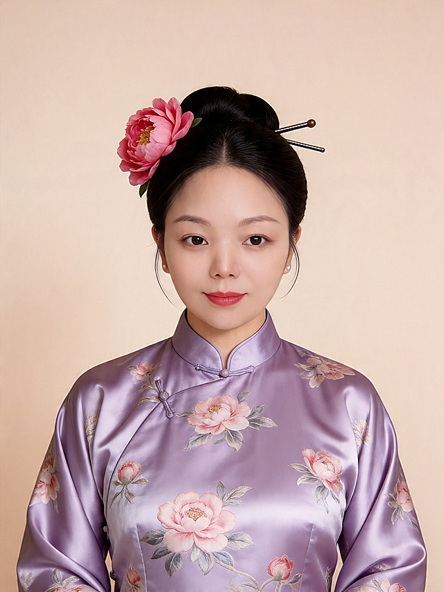 参考图中保留人物脸型、五官特征生成古典优雅女性肖像照，人物盘着头发，头发上面左边戴一朵粉红色牡丹花，右边加一个发簪，身穿淡紫色锦罗缎长旗袍，上面带有牡丹花纹，整体画面风格柔和，展现古典优雅美感，气质温婉端庄，身形匀称，姿态端正，半身肖像构图，人物居中，头部与画面顶部保留合适空间，头肩比例协调，极简干净微微暖调纯色背景，背景光线均匀柔和，画质超高分辨率，细节清晰，写实摄影，皮肤细腻通透，柔光正面补光，面部雾面柔光，轻透裸肌感，肤色均匀，哑光白皙肤质，表情自然温和，眼神柔和，杰作，最佳画质，超高细节，保留人物原有特征