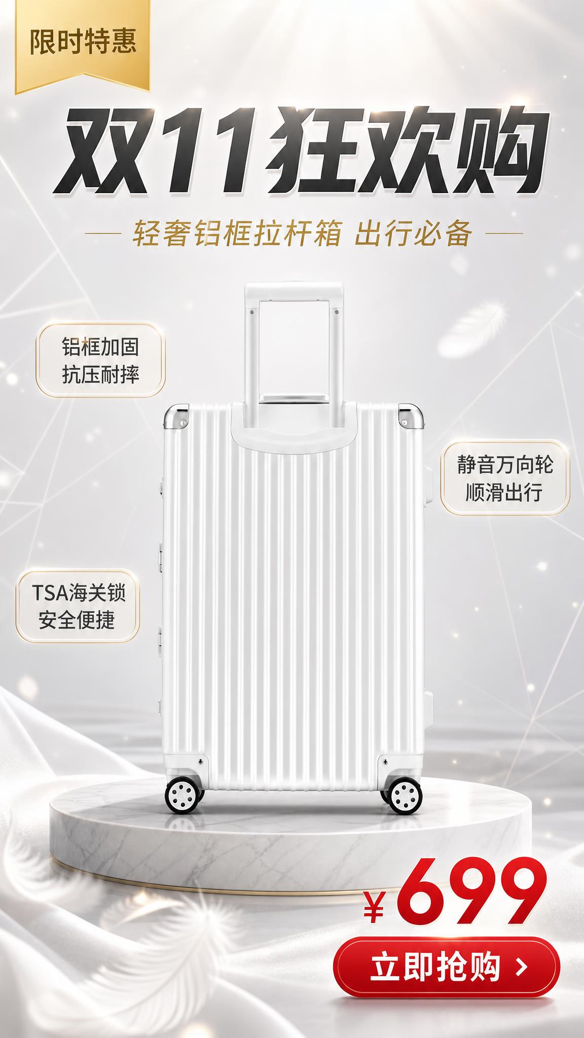 双11大促竖版商品海报，画面主体为白色铝框拉杆箱，拉杆箱100… - 图片创意预览