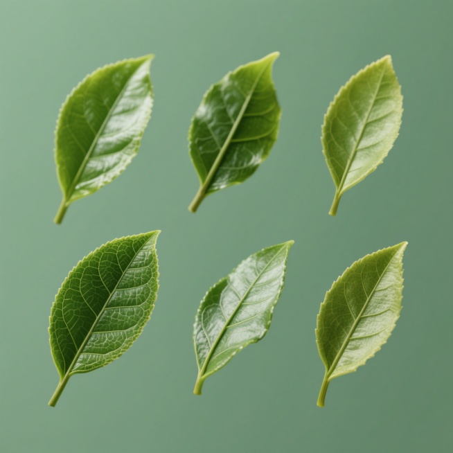 六个不同材质的绿色茶叶叶片元素，保持原有的飘落造型，每个元素拥有完全不同的整体色彩，采用纯色背景，规整排布形成系列素材集合，高清细节，产品展示风格，简洁构图，每个叶片材质清晰可辨，色彩鲜明且各不相同，整体视觉统一协调。预览效果