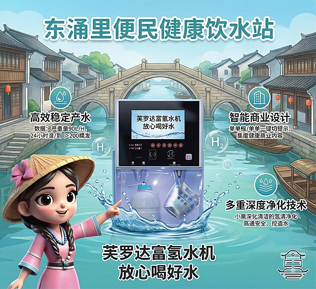 南沙区东涌里旅游区与东涌镇芙罗达企业合作引进富氢水机便民工程宣传画报，画面结合南沙东涌岭南水乡特色，有可爱的疍家女孩形象，清晰展示富氢水机产品外观，突出水机核心优势：高效稳定产水、智能商业设计、多重深度净化技术，文字包含"东涌里便民健康饮水站 芙罗达富氢水机 放心喝好水"，整体风格清新明快，兼具水乡地域特色与科技感，适合公共场所宣传展示
