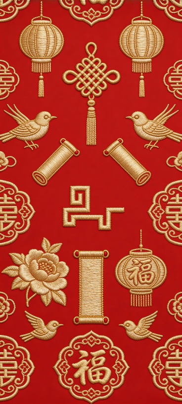 参考图1中的标志，与中国结、卷轴、灯笼、牡丹、喜鹊、福字等传统装饰元素规律性的在红色背景上乱序排列重复排布，各元素采用金色中国传统刺绣风格，正红色背景，对称式构图。丝线光泽细腻，针脚纹理清晰，4K超清预览效果