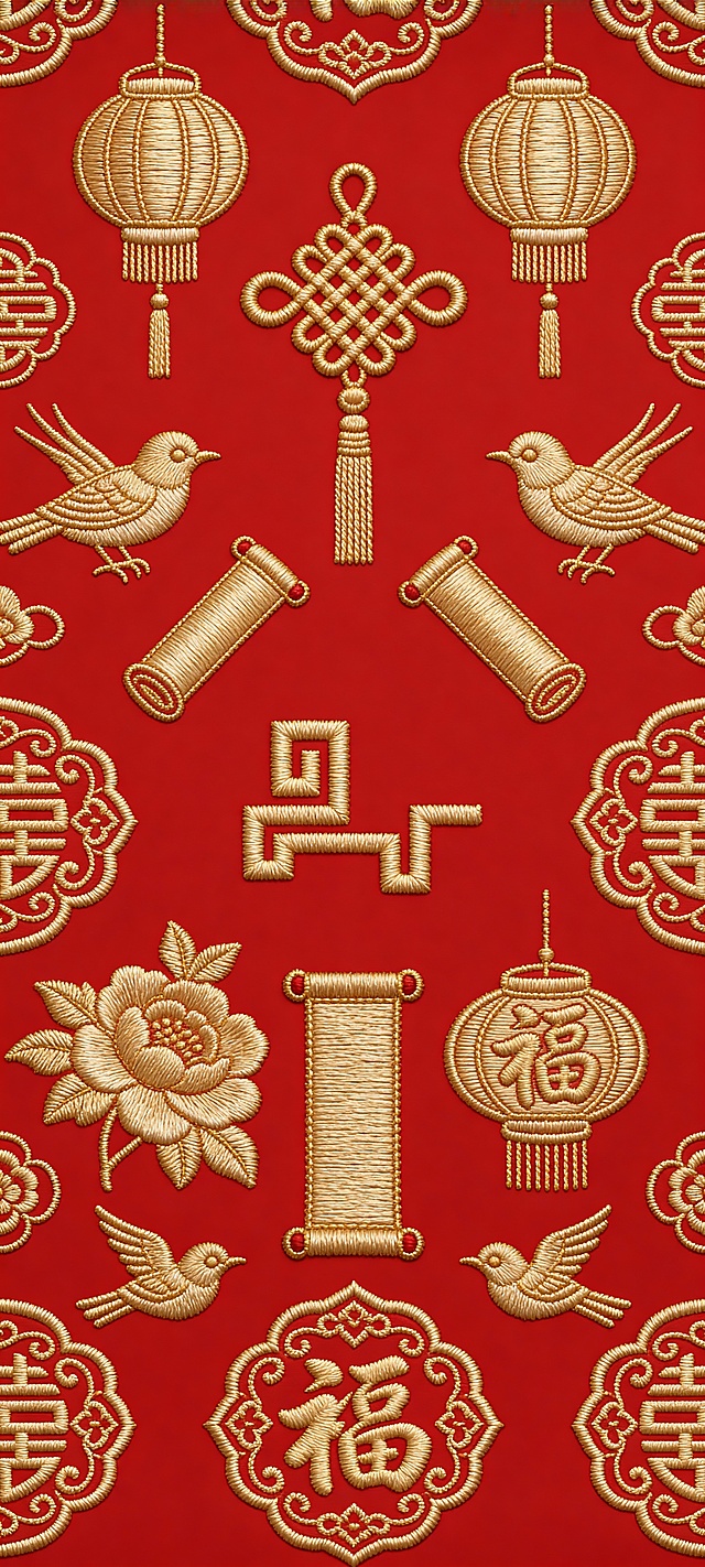 参考图1中的标志，与中国结、卷轴、灯笼、牡丹、喜鹊、福字等传统装饰元素规律性的在红色背景上乱序排列重复排布，各元素采用金色中国传统刺绣风格，正红色背景，对称式构图。丝线光泽细腻，针脚纹理清晰，4K超清奢侈品级纹样，传统吉祥元素交织呈现丰富层次感与精致细节。