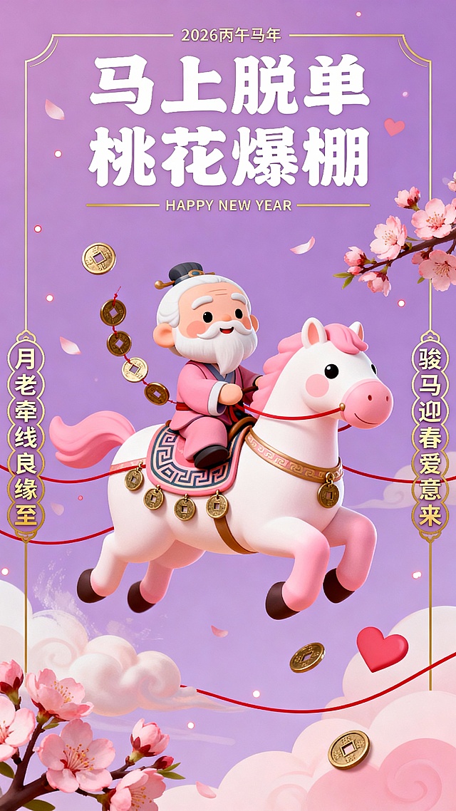 粉紫柔雾、桃花枝与红丝线交融，搭配萌马粉白、铜钱鎏金，营造出甜美浪漫又喜庆吉祥的氛围，尽显马年脱单祈福的治愈感与幸福感。