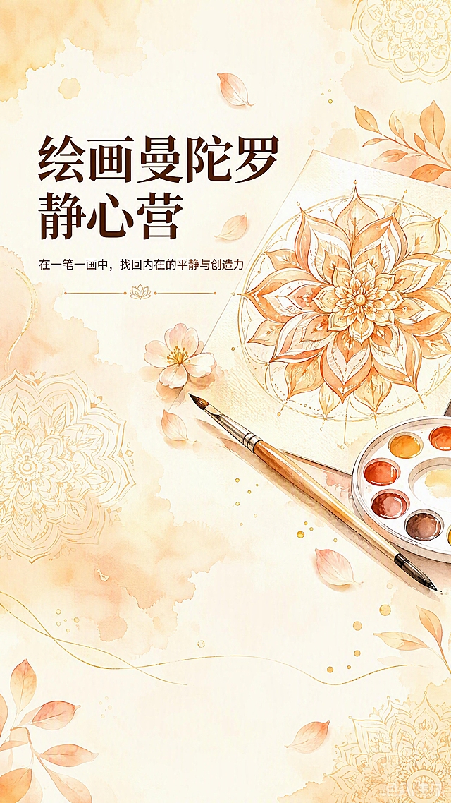 [第1张] 绘画曼陀罗静心营活动长图头图主视觉。本张使用【图1】作为风格参考，提取暖橙水彩手绘风格、曼陀罗花纹元素、柔和治愈氛围，不照搬原图内容。
[氛围/风格] 暖橙水彩手绘风，柔和治愈，禅意静心，曼陀罗花纹装饰元素，清新雅致的活动宣传海报风格。
[元素布局] 画面顶部为大标题区，右侧展示一幅精美的橙色调曼陀罗绘画作品，旁边摆放水彩画笔和调色盘；画面散落花瓣和淡色曼陀罗线稿装饰；底部留副标题空间；整体背景为米白渐变暖橙水彩晕染效果。
[光影质感] 柔和漫射光，整体明亮温暖，水彩通透质感，无强烈阴影。
[配色色系] 全局底色 #FFF8F0 米白渐变暖橙；主色暖橙色 #E88B4D；辅助色深棕 #6B3A1F、浅粉 #F5C6AA；点缀色金色线条。
[视角构图] 竖版正面构图，阅读动线从上到下，标题在左上，曼陀罗作品在右侧形成视觉焦点。
[文字版式] 主标题「绘画曼陀罗 静心营」大号深棕色书法宋体，左上排列；副标题「在一笔一画中，找回内在的平静与创造力」小号深棕色，主标题下方；文字清晰可读，不遮挡主体画面。
[比例分辨率] 9:16 竖版比例，4K 分辨率，文字清晰可辨，高清画质。
[负向提示词] 变形，水印，文字错乱，文字过小，颜色偏差，背景杂乱，人物面部模糊。