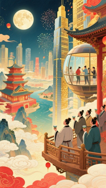 一侧，古代木质观景台，古代文人聚此，举着酒樽、凭栏望圆月、山河；另一侧，现代摩天楼高空观景舱，现代游客透过全景玻璃，赏烟花，背景古楼阁与城市高楼相融合，明月照。整体画面充斥着华丽的金色和喜庆的红色，奇预览效果