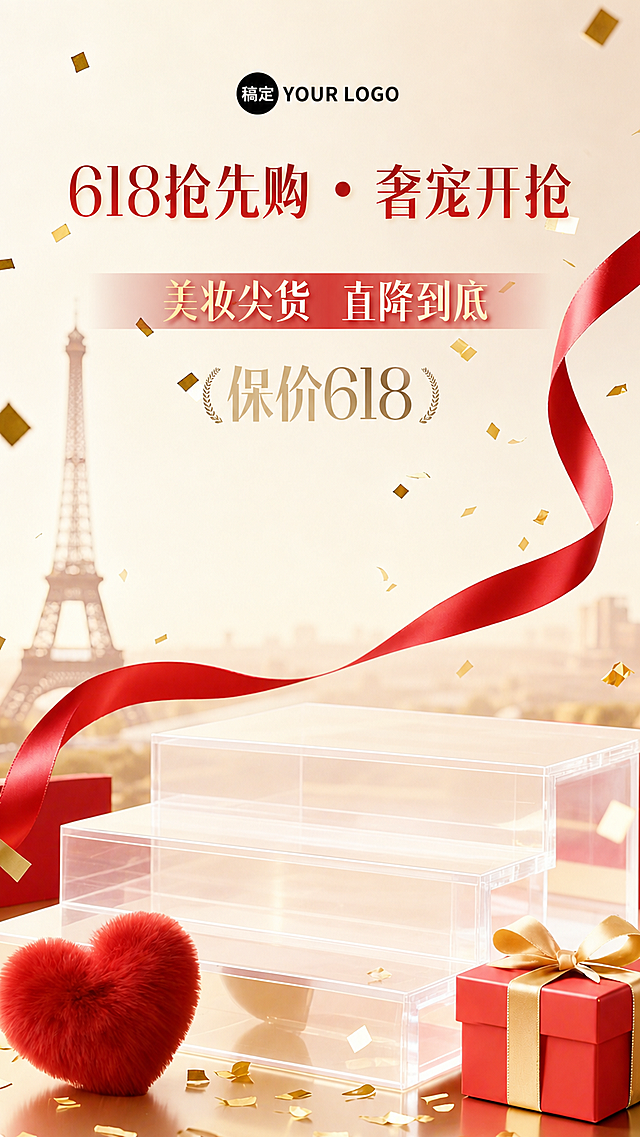 去掉图片里所有化妆品产品，保留现有浅黄背景、埃菲尔铁塔、红色丝带、金色纸屑、透明展台、红色毛绒桃心元素和红色礼物盒，保留所有文字内容'稿定 YOUR LOGO 618抢先购·奢宠开抢 美妆尖货 直降到底 (保价618)',整体风格和色调保持不变