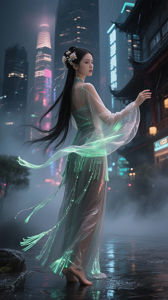 20張分鏡圖提示詞（9:16，32K電影級）
統一設定：25歲仙氣美女，長直黑髮、螢光流蘇長裙、宋代簪花，現代超現實城市夜景（摩天樓+國風霧氣+螢光光暈），無文字，電影寫真風格

0-3秒 Hook 吸睛組
開場霓虹海
9:16, 仙氣美女立於摩天大樓頂層，萬家燈火如星海傾瀉，裙擺飄揚如銀河流動，巨大圓月懸背後，城市全景藍紫螢光，32K電影寫真

副歌第一拍爆發
9:16, 美女高速旋轉起舞，霓虹光軌環繞如銀河，長髮甩出完美弧線，背景超現實城市燈光爆炸，動態模糊+強烈燈光暈染，32K

3-15秒 Verse 畫面推進
鳳釵搖曳特寫
9:16, 超近景古風鳳釵搖晃，鑲嵌寶石折射霓虹七彩，美女閉眼陶醉，背景虛化摩天大樓，螢光粒子緩飄，極致細節特寫

LED心跳特效
9:16, 城市廣告牌逐字亮起「你 的 名 字」，美女掌心對著螢幕微笑，粉紫光暈照亮臉龐，周圍行人變光點，超現實浪漫

15-30秒 Pre-Chorus 堆疊
5-8. 四連鏡頭轉場（每張3秒）
5. 霓虹雨中慢舞，透明雨絲帶螢光
6. 玻璃幕牆倒影雙重影像
7. 高速電梯俯視城市呼吸
8. 屋頂花園星光漫舞

30-45秒 Chorus 高潮
9-12. 舞臺感爆發
9. 摩天輪變身巨型舞臺，她置中起舞
10. 噴泉激光秀配合鼓點爆發
11. 無人駕駛車流變光帶環繞
12. 煙火+城市全景頂點