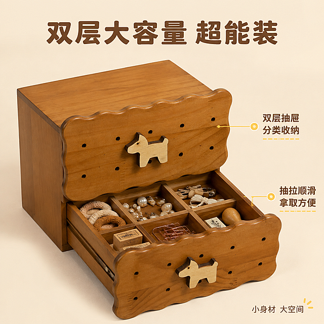 [主图-2] 主题：双层大容量结构展示，突出抽屉抽拉使用和内部收纳空间。
[统一基调] 日系原木风温馨治愈风格，整体暖色调，背景主色为米白浅木色，标题字色为深棕色，辅助字色为暖灰色，强调色为奶黄色，字体为圆润无衬线体，字号层级分明，卡片采用圆角木质感边框，图标为简约手绘风。
[画面] 产品略微侧转45度角，展示立体结构，产品占画面约70%。上层抽屉完全关闭，下层抽屉完全拉开，清晰展示内部空间深度和容量。抽屉内部整齐摆放着各种小物件：发圈、耳钉、小发夹、印章、回形针等，分类摆放整齐。画面右侧用引线标注两个核心结构点："双层抽屉 分类收纳"指向两层抽屉结构，"抽拉顺滑 拿取方便"指向拉开的抽屉滑轨部位。背景为简洁的浅米色渐变背景，底部有柔和的投影，突出产品立体感。产品外观保持原样：饼干波浪边缘、小狗木质拉手、实木棕色、小孔装饰全部保留。
[光影质感] 柔和的影棚主光从左前方照射，木质纹理清晰，抽屉内部有自然的明暗层次，底部有柔和阴影，商业产品摄影质感。
[配色] 原木棕为主，米白背景，奶黄色标注引线，深棕色文字，整体统一协调。
[文字版式] 顶部居中放置主标题"双层大容量 超能装"，深棕色粗体大字。两个标注点配小圆点图标和说明文字，文字为深棕色。底部右侧小字"小身材 大空间"，暖灰色。文字不遮挡产品主体。
[输出要求] 1:1正方形比例，2048*2048像素，产品结构清晰，内部物品整齐，文字标注清晰。禁止产品变形、抽屉穿模、错字、模糊、水印、平台Logo。