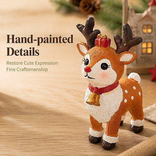 [Main Image 2] Material detail display of Christmas Reindeer Ornament.
[Atmosphere Style] Warm home life atmosphere, soft natural light.
[Image Quality] Commercial photography texture, soft and transparent light, clear real product, clean and advanced picture.
[Elements] The Christmas reindeer ornament is placed on the light wooden desk, with a low-saturation warm Christmas environment in the background. Focus on the partial close-up of the reindeer's face and hand-painted details, highlighting the delicate hand-colored texture and soft and cute expression. Keep the appearance (physical structure, material texture, color) of the product completely consistent with the input product image, eliminate any deformation and color difference, fine processing. Left blank for text layout.
[Lighting] Natural afternoon sunlight coming from the side, soft light, soft shadow transition, showing the matte texture of resin.
[Color Matching] Main color warm wood tone, auxiliary color product brown red, warm and comfortable.
[Perspective Composition] Close-up 45-degree oblique view, large depth of field, product details in focus, background slightly blurred.
[Text Layout] Left negative space, English selling points arranged left-aligned, main headline "Hand-painted Details" large bold font brown, secondary selling points "Restore Cute Expression" "Fine Craftsmanship" smaller font light brown, clear level, no occlusion of the product.
[Proportion Resolution] 1:1 proportion, 2048 * 2048 resolution, super HD, text clear and readable.
[Negative Prompt] Deformed, misplaced text, blurred product, messy background, watermark, non-product logo, Chinese characters.