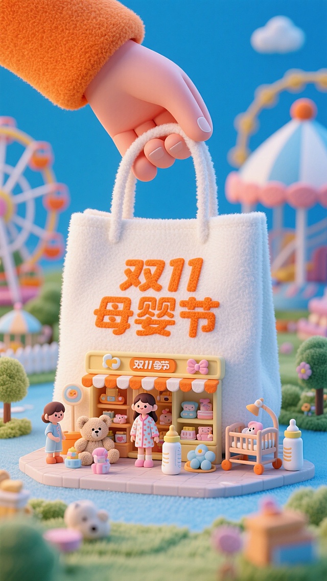 这幅画面以蓝橙色调为主，画面中央是一个巨大的白色购物袋，上面用橘色字写着“双11母婴节”。袋子中间有一个售卖母婴用品的商店：一个身穿家居服的女孩、毛绒玩具、奶瓶、摇篮等。上方有一只大手正打开袋子。背景是游乐园。毛毡风格。高饱和色彩。