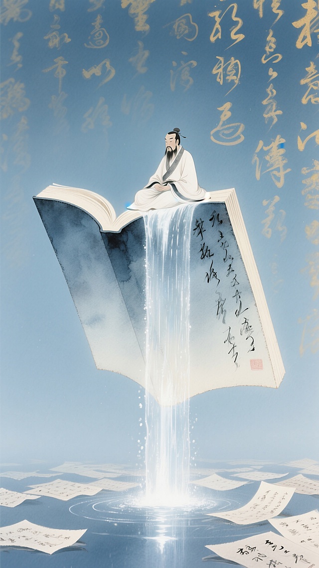 混合细腻彩铅质感的低饱和蓝色系渐变背景图。悬浮特写一本摊开的巨大草书书本，一个夫子坐在书上，书上倾泻出水流（像瀑布一般）。后景是泛黄的草书文字，底部散落许多草书纸张。