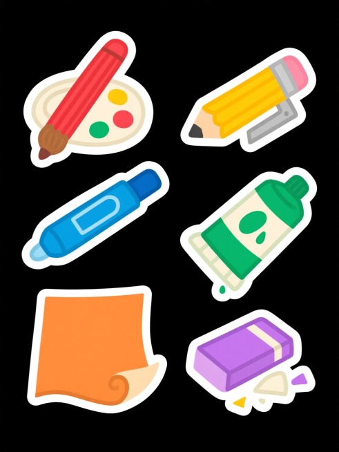 一套包含6个不同绘画工具的卡通风格插画集合，保持与原图一致的手绘质感、圆润线条、明亮纯色配色方案和简洁阴影效果，元素包括红色笔杆画笔与调色盘、黄色铅笔与削笔刀、蓝色马克笔与笔帽、绿色颜料管与颜料滴落、橙色画纸与卷曲边角、紫色橡皮擦与擦屑，所有元素等大均匀排列在纯白色背景上，整体呈现活泼可爱的儿童插画风格，每个工具都有清晰的轮廓和简化的细节表现。预览效果