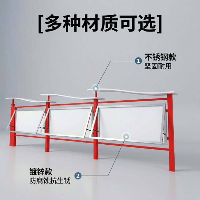 [主图 2] 宣传栏标牌核心材质卖点展示
[氛围风格] 专业清晰，突出材质优势，拼多多风格
[画面元素] 商业摄影质感、光线柔和通透、产品清晰真实、画面干净高级。主图展示完整宣传栏产品，使用数字序号引预览效果