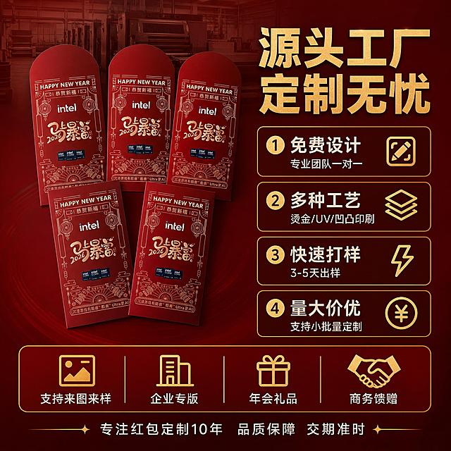 [主图-4] 工厂实力与定制服务说明图，突出1688源头工厂优势、定制流程和服务保障，促进B端客户下单转化。
[统一基调] 1688源头工厂商务风格，喜庆红金主色调，背景为深红色渐变搭配轻微工厂/办公桌元素暗纹，标题用金色粗体字，辅助文字用白色，强调色为烫金质感，字体为稳重的无衬线黑体，信息卡片用金色细边框，整体大气专业有批发感。
[画面] 画面左侧展示一叠红包产品实物，占比约40%，右侧为服务信息区域。背景隐约可见工厂车间、印刷机器等元素的虚化剪影，营造源头工厂的专业氛围。红包保持原图外观、颜色、图案完全一致。底部有一排服务图标和说明。
[光影质感] 商业摄影质感，红包主体光影自然，烫金有金属光泽，背景虚化突出主体和信息，整体专业大气。
[配色] 主色调深红色+金色，辅助色白色，背景深红带工厂元素暗纹，商务感强。
[文字版式] 右侧上方大标题："源头工厂 定制无忧"，下方分四点列出服务："① 免费设计 专业团队一对一"、"② 多种工艺 烫金/UV/凹凸印刷"、"③ 快速打样 3-5天出样"、"④ 量大价优 支持小批量定制"。底部通栏信息条展示："支持来图来样 企业专版 年会礼品 商务馈赠"，最下方小字："专注红包定制10年 品质保障 交期准时"。文字横排，金色标题白色说明，层次分明，清晰易读。
[输出要求] 1:1正方形比例，2048*2048像素，文字清晰可读，红包主体清晰。负向：变形、错字、模糊、杂乱、水印、平台Logo、二维码、联系方式、绝对化用语。