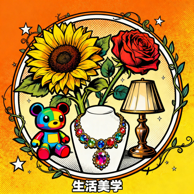 美式复古漫画风格直播间封面，带有春夏活力感，画面背景是明亮橙黄色渐变，带有漫画特有网点纹理。画面中心是圆形画框，画框内用粗线条勾勒四个元素：一束夸张向日葵和玫瑰鲜花，色彩鲜艳波普风潮流玩具潮玩，一条镶预览效果
