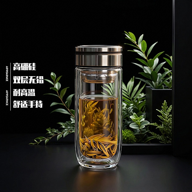 保持玻璃杯整体结构、杯内茶叶形态、左侧文字内容完全不变，更换为纯黑色简约主题背景，背景点缀绿植营造雅致氛围，升级双层玻璃通透度，透过玻璃和茶水可清晰看到后方场景，大师级灯光效果，玻璃杯崭新无瑕疵，质感高级大气。负向提示词：瓶身扭曲, Logo变形, 内部液化, 玻璃模糊, 夹层浑浊, 西方面孔, 金发, 深眼窝, 雀斑, 杂乱房间, 死黑阴影, 硬光, 乡村风, 多余的盖子, 缺失的部件, 悬浮的物体, 变形的手柄, 摄影灯, 柔光箱, 三脚架, 水印, 昏暗光线, 畸变透视, 比例失调